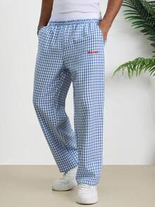 TOKVUE Men's Blue & White Plaid Loose Fit Casual Pants, Contrast Waistband, Suitable For College Students, Spring/Summer - Blue and White - View 5