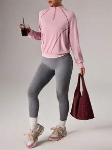 Dewbera 女士休闲撞色拼接立领插肩袖卫衣，秋季款 - 粉色 - 查看 5