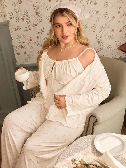 SHEIN 3pcs Plus Size Pajama Set: Beige Floral Lace Trim Camisole, Pants And Robe