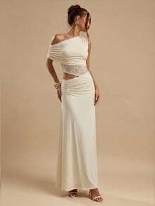 SHEIN BAE 女士黄色针织撞色蕾丝上衣和针织半裙两件套，优雅两件套服装 - 黃色 - 查看 3