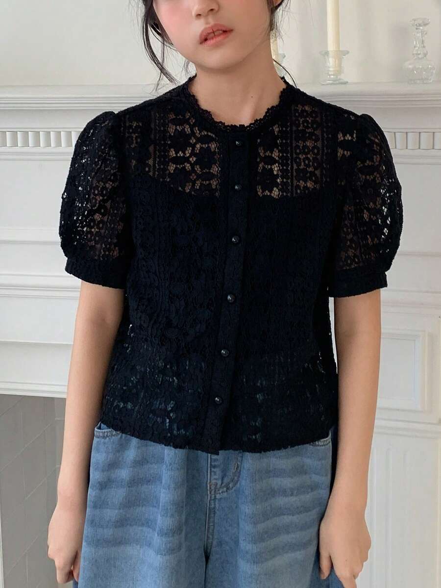 DAZY Girls' Round Neck Lace Petal Sleeve Blouse - Black - View 1