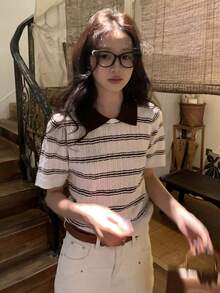 DAZY 女士春季新款撞色条纹提花针织Polo衫 - 黑與白 - 查看 7