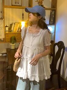 DAZY 女士白色方领荷叶边宽松休闲泡泡袖衬衫，修身显瘦 - 白色 - 查看 7