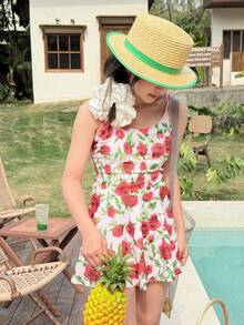 Livesso Traje de baño de una pieza para niñas, conservador y elegante con estampado floral - Rojo y blanco - Ver 7