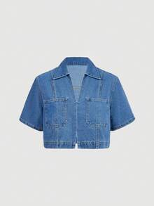 Sweetra Women's Fashionable Casual Versatile Short Denim Top - Medium Wash - View 1