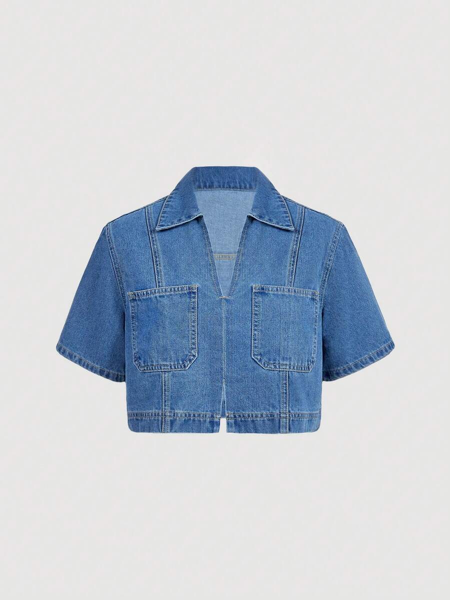 Sweetra Women's Fashionable Casual Versatile Short Denim Top - Medium Wash - View 1