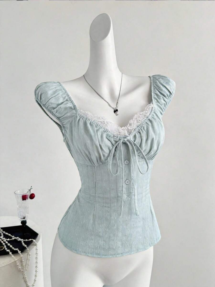 Sweetra Áo cardigan mùa hè nữ Sweet & Spicy phối ren tương phản màu sắc, kiểu dáng 2 trong 1, eo thắt, vạt chữ A, chất liệu 100% cotton. - Hồng - Xem 1