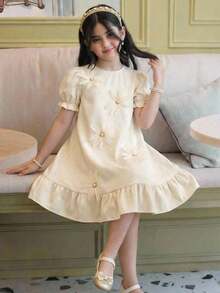 SHEIN Vestido ajustado con mangas abullonadas y flores 3D con cuentas para niña preadolescente, primavera/verano - Albaricoque - Ver 2