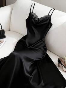GlowEve CURVE Vestido de tirantes elegante con aplicaciones de encaje en talla grande y unicolor - Negro - Ver 3