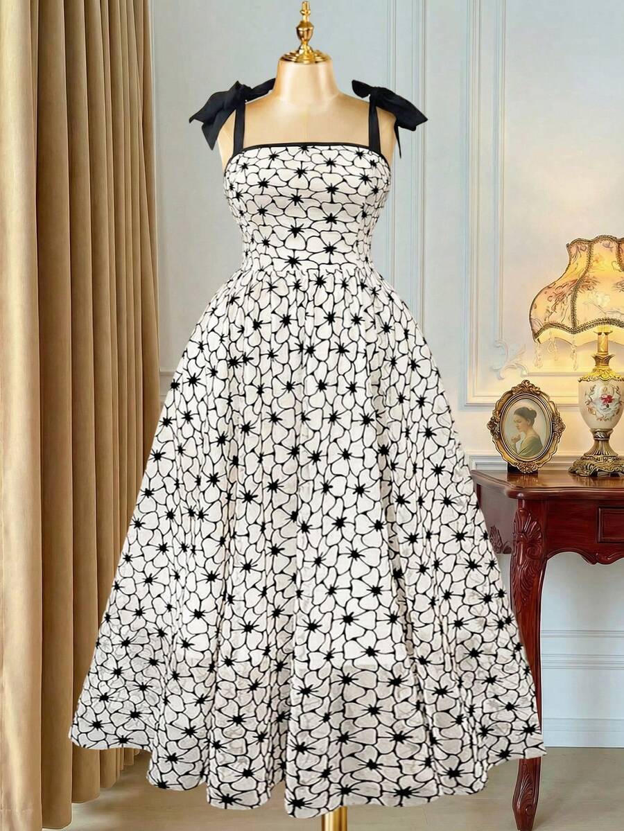 Rometta Plus Size Women's Elegant Chiffon Floral Print Square Neck Sleeveless A-Line Dress,White,Summer,Bachelorette Party,Tea Party,Wedding,Graduation,Dances - Black and White - View 1