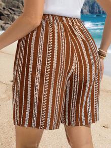 EMERY ROSE Plus Size Vertical Stripe Print Casual Summer Pocket Shorts - Brown - View 2