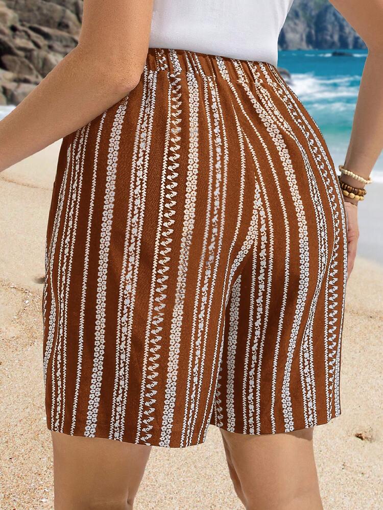 Plus Size Vertical Stripe Print Casual Summer Pocket Shorts