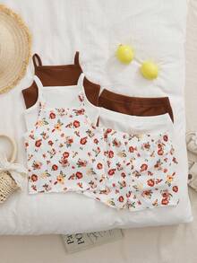 SHEIN Playful Pals 女婴休闲日常白色棕色碎花罗纹上衣和松紧腰短裤套装，舒适百搭可爱背带短裤套装 - 彩色 - 查看 2