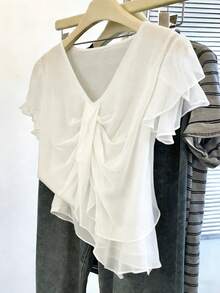 Nubod 2026 Fashion Casual Resort Wear Versatile Minimalist Everyday Plus Size Solid Color Short Sleeve V-Neck Chiffon Shirt With Front Pleats Women's Beach Top - White - View 3