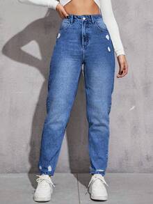 SHEIN ICON 女式高腰口袋做旧锥形休闲牛仔裤 - 中等水洗藍 - 查看 5