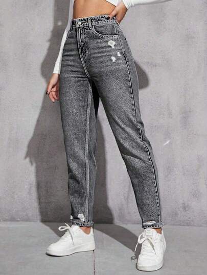 SHEIN PETITE Damjeans med hög midja och fickor, casual slitna denim, mom jeans