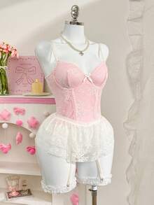 PetitDoll Conjunto de 3 piezas de mono de mujer con parches de encaje, divertido, lindo y sexy - Rosa - Ver 6