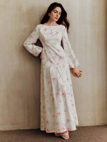 Anewsta Women's Elegant White And Pink Floral Print Maxi Dress,Long Sleeve Casual Loose Summer Cottagecore Party Dress,Minimalist Wildflower Floral Applique - Multicolor - View 7