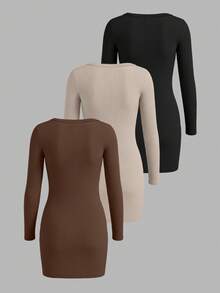 Set de 3 vestidos casuales de manga larga, cuello cuadrado y ajustados de unicolor para mujer - Multicolor - Ver 2