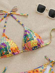 Swim Mod Women's Fashion Sexy Beach Vacation Style Patchwork Print Knot Halter Split Bikini Set - Pink - View 3