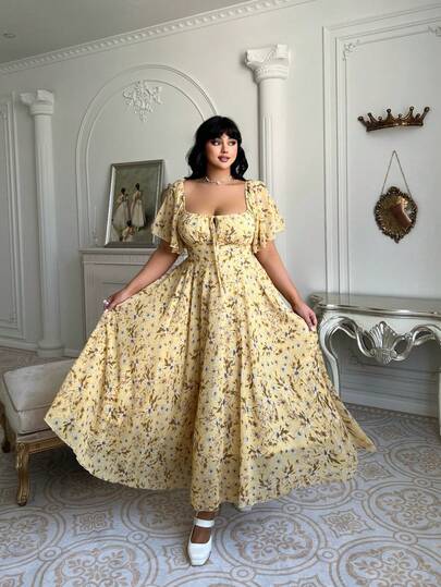 Lyrianda Plus-Size Women's Casual Vacation Romantic Ditsy Floral Summer Dress