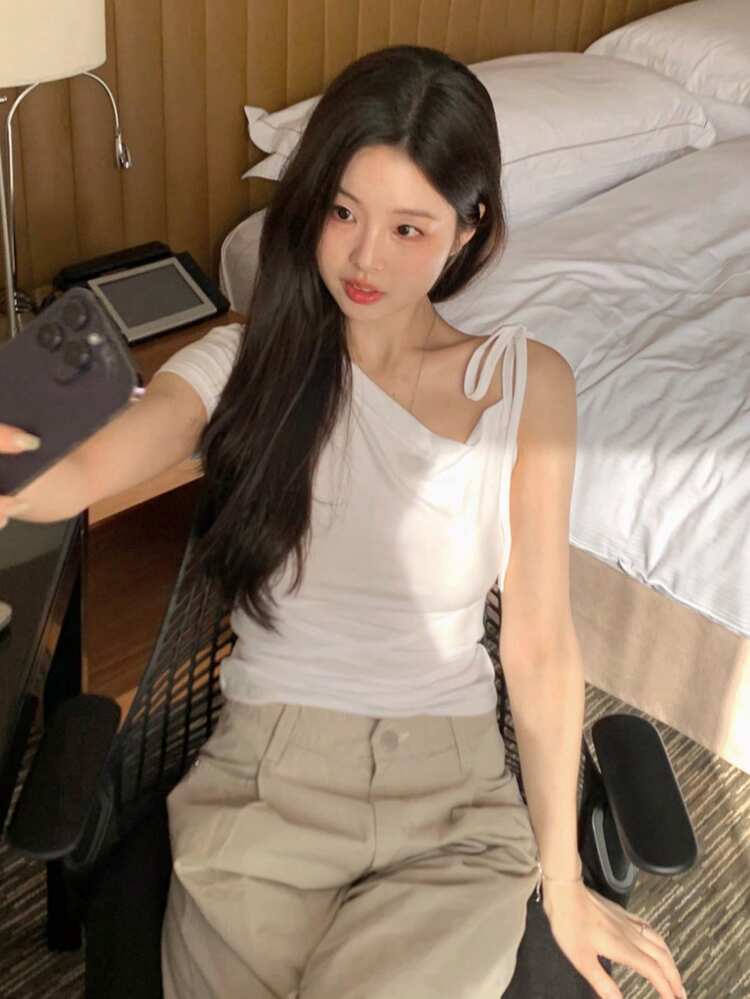 Women's Casual Solid Color Ruched Asymmetrical Shoulder T-Shirt, Summer