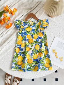 SHEIN Young Girl Frill Trim Keyhole Back Butterfly Sleeve Dress ,Lemon Print Ruffle Sleves Long Dress , Summer Vacation,Mom And Daughter & Sisters Matching Style ,Matching Family Vacation , Holidays,Beach Vacation, Lemon Print Dress For Girls, Girls Summer Dress - Yellow - View 6