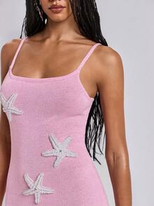 ROMWE Avant Women's Casual Vacation & Date Starfish Pattern Pearl Knit Slip Dress - Pink - View 7