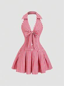 Sweetra Spring/Summer Women's Fashion Sweet French Retro Red & White Floral Print Romantic Outfit, Sleeveless Halter Backless Bow Tie Waist Pleated A-Line Mini Dress - Red and White - View 1