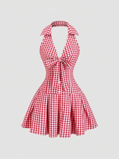 Sweetra 春夏女装甜美法式复古红白碎花浪漫套装，无袖露背吊带蝴蝶结腰部褶皱A字迷你连衣裙