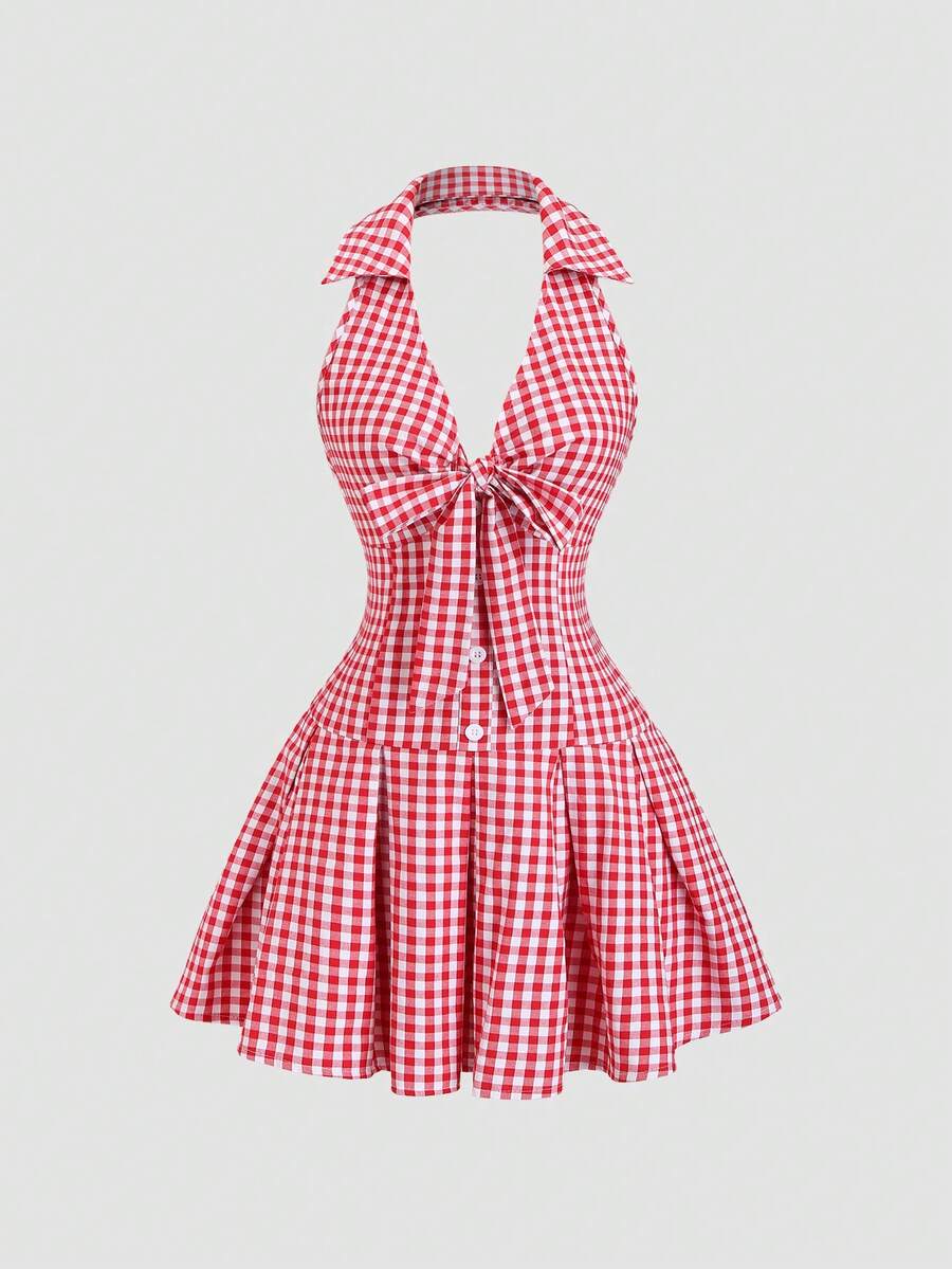 Sweetra Spring/Summer Women's Fashion Sweet French Retro Red & White Floral Print Romantic Outfit, Sleeveless Halter Backless Bow Tie Waist Pleated A-Line Mini Dress - Red and White - View 1