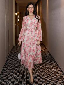 Modelyn 女士春夏V领雪纺长袖连衣裙，饰有蝴蝶结纽扣，A字廓形，优雅浪漫长款连衣裙 - 粉色 - 查看 1