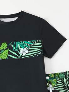 Teen Boy Summer Vacation Beach Plant Print Round Neck Short Sleeve T-Shirt And Swim Trunks Set - Black - View 5