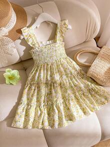 Souflis Souflis Đầm cổ yếm họa tiết hoa nhí cho bé gái, phối màu hồng và trắng ngọt ngào, tay áo bồng bềnh tinh tế, phù hợp cho bé gái 4-7 tuổi, tuyệt vời cho kỳ nghỉ, đi biển, chụp ảnh hàng ngày, mùa xuân/hè. - Màu vàng - Xem 2