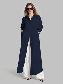 Ontre 2026春夏新款藏蓝色女士休闲宽松度假衬衫，长款蓝色衬衫，女士衬衫，女士纽扣衬衫，通勤装，夏季商务休闲沙滩派对连衣裙，教师服，办公服 - 藏蓝色 - 查看 7