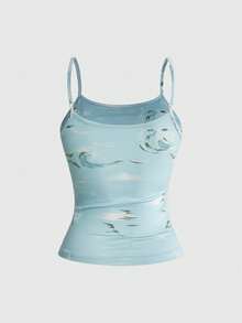 ROMWE Vacation Style Tropical Coconut Tree & Floral Sequin Embroidery Beaded Fitted Tank Top For Women - Multicolor - View 2
