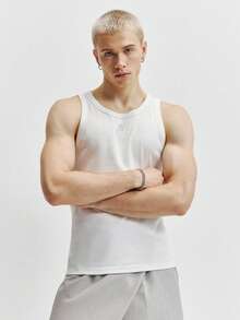 TOKVUE Ultra-Comfortable Fit, Men's Minimalist Slim-Fit Embroidered White Tank Top, Spring To Summer - White - View 3