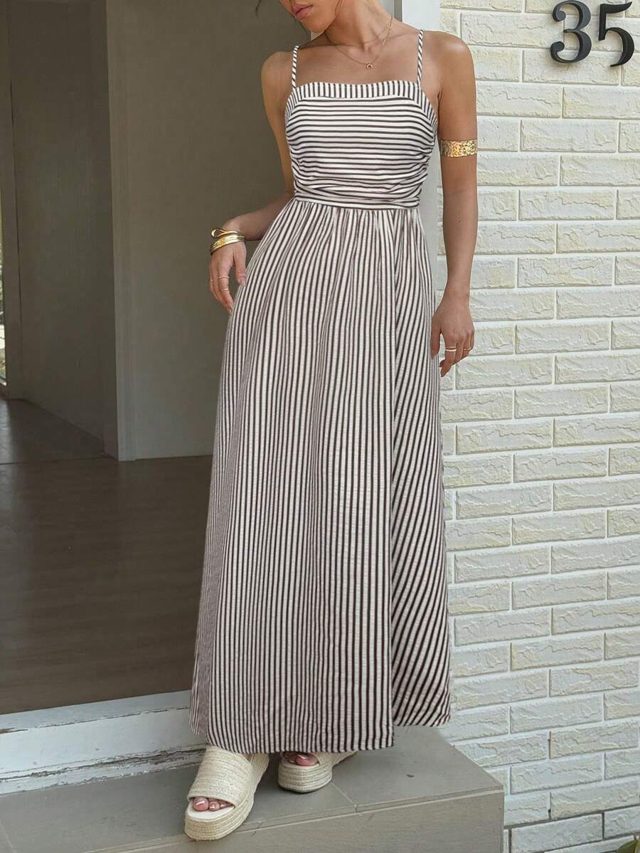 Pariaura 女士夏季休闲褶皱条纹吊带连衣裙 - 棕色 - 查看 1