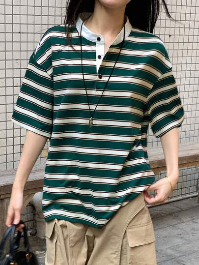 FRIFUL Women's Crew Neck Partial Zip Colorful Striped Loose Casual Short Sleeve T-Shirt