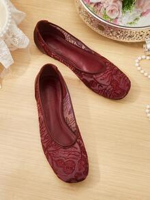 CUCCOO HITCHD 酒红色网眼花朵方头文字腰带舒适柔软简约通勤女平底鞋 - 酒紅色2 - 查看 5