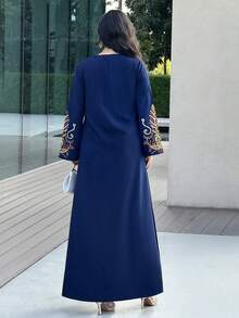 Al Najma Plus Size Women Elegant Embroidered V-Neck Arabic Style Dress - Navy Blue - View 2