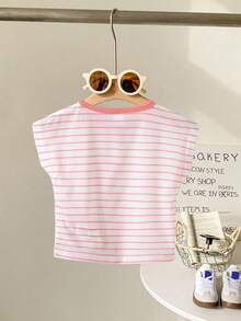 SHEIN 女婴幼儿0-3岁休闲百搭日常百搭爱心刺绣黑白条纹短袖T恤 - 粉色 - 查看 4