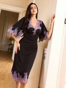 Moireta 女士优雅高端法式浪漫撞色迷人蕾丝拼接性感V领喇叭袖修身A字舒适针织睡裙 - 黑色 - 查看 5