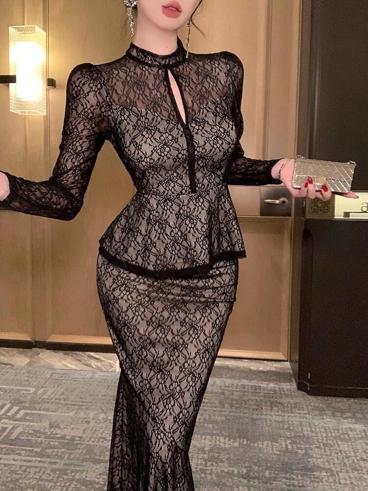 Spring & Summer Hollow Out Black Lace Blouse, Fitted Silhouette, Suitable For Valentine's Day, Wedding, Party, Formal Occasion, Fashion Cocktail Dress, Bodycon Mermaid Skirt 2-Piece Set For Women