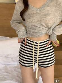 K-Vae Black & White Striped Print Drawstring Waist Slim Fit Casual Shorts, Summer - Black and White - View 1