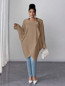 Maweii Plus Size Solid Color Asymmetric Collar Elegant Long Sleeve Blouse - Coffee Brown - View 2