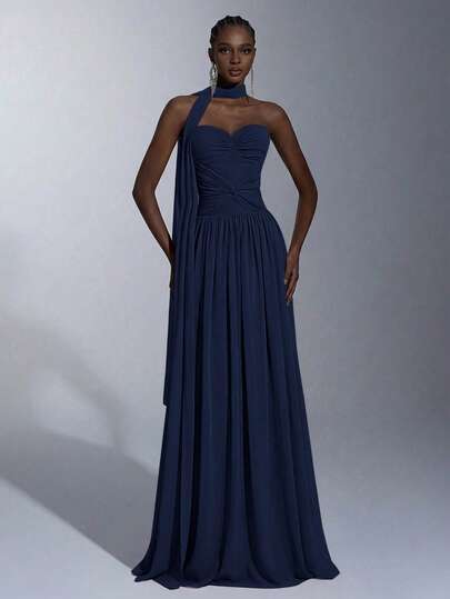 Elitara Elegant Dark Gray-Purple Chiffon Strapless Ruched Asymmetric Twist Maxi Dress With Adjustable Tie Waist (Detachable Halter) Suitable For All Formal Occasions, Formal Evening Gown