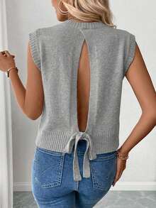 Women's Backless Tie-Up Floral Mesh Knit Vest - Grey - View 2