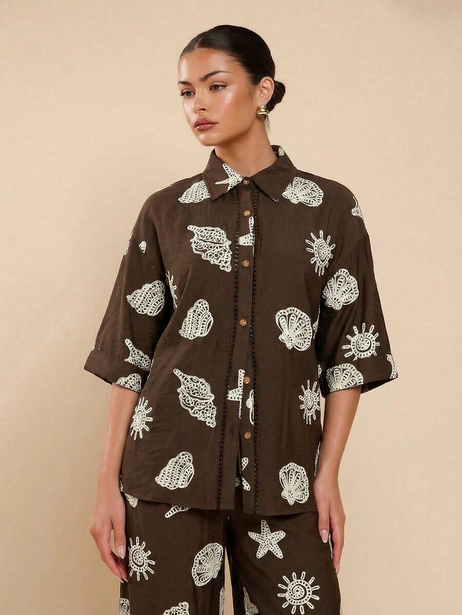 COSMINA Women's Casual Loose Fit Short Sleeve Button-Down Shirt With Sun Embroidery,Summer Top - Multicolor - View 1