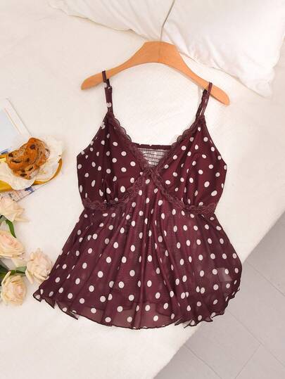 CosyJoli Plus Size Women Polka Dot Print Contrast Lace Camisole